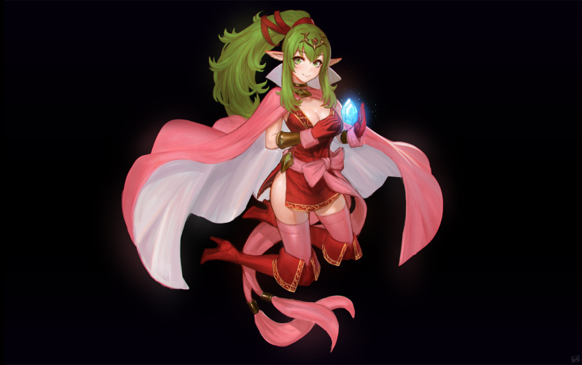 1girl armlet black_background boots bow breasts chiki cleavage cloak dragon_girl dress edward_montenegro fire_emblem fire_emblem:_kakusei full_body gem gloves green_eyes green_hair hair_ribbon high_heel_boots high_heels highres jewelry knee_boots long_hair looking_at_viewer medium_breasts neck_ring pink_legwear pointy_ears ponytail red_dress red_footwear red_gloves ribbon short_dress side_slit simple_background smile solo thighhighs_under_boots tiara