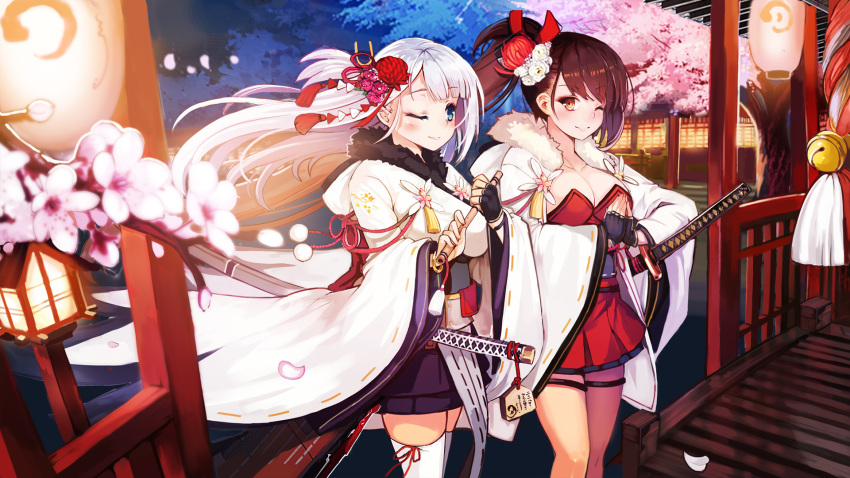 2girls architecture azur_lane bangs bell black_gloves black_skirt blue_eyes blush breasts brown_eyes brown_hair cherry_blossoms cleavage collarbone commentary_request dress east_asian_architecture eyebrows_visible_through_hair eyelashes eyeliner fingerless_gloves fingernails flight_deck floating_hair flower flute fur_trim gloves hair_flower hair_ornament hands_clasped hatsumoude highres holding holding_instrument instrument japanese_clothes katana kimono large_breasts long_hair looking_at_another looking_at_viewer makeup miniskirt multiple_girls new_year night night_sky one_eye_closed one_side_up own_hands_together petals praying print_kimono red_dress ribbon-trimmed_legwear ribbon_trim rope sheath sheathed shoukaku_(azur_lane) shrine_bell siblings side_ponytail silver_hair sisters skirt sky smile spirtie sword thigh-highs thigh_strap tsumami_kanzashi very_long_hair water weapon white_coat white_legwear zuikaku_(azur_lane)
