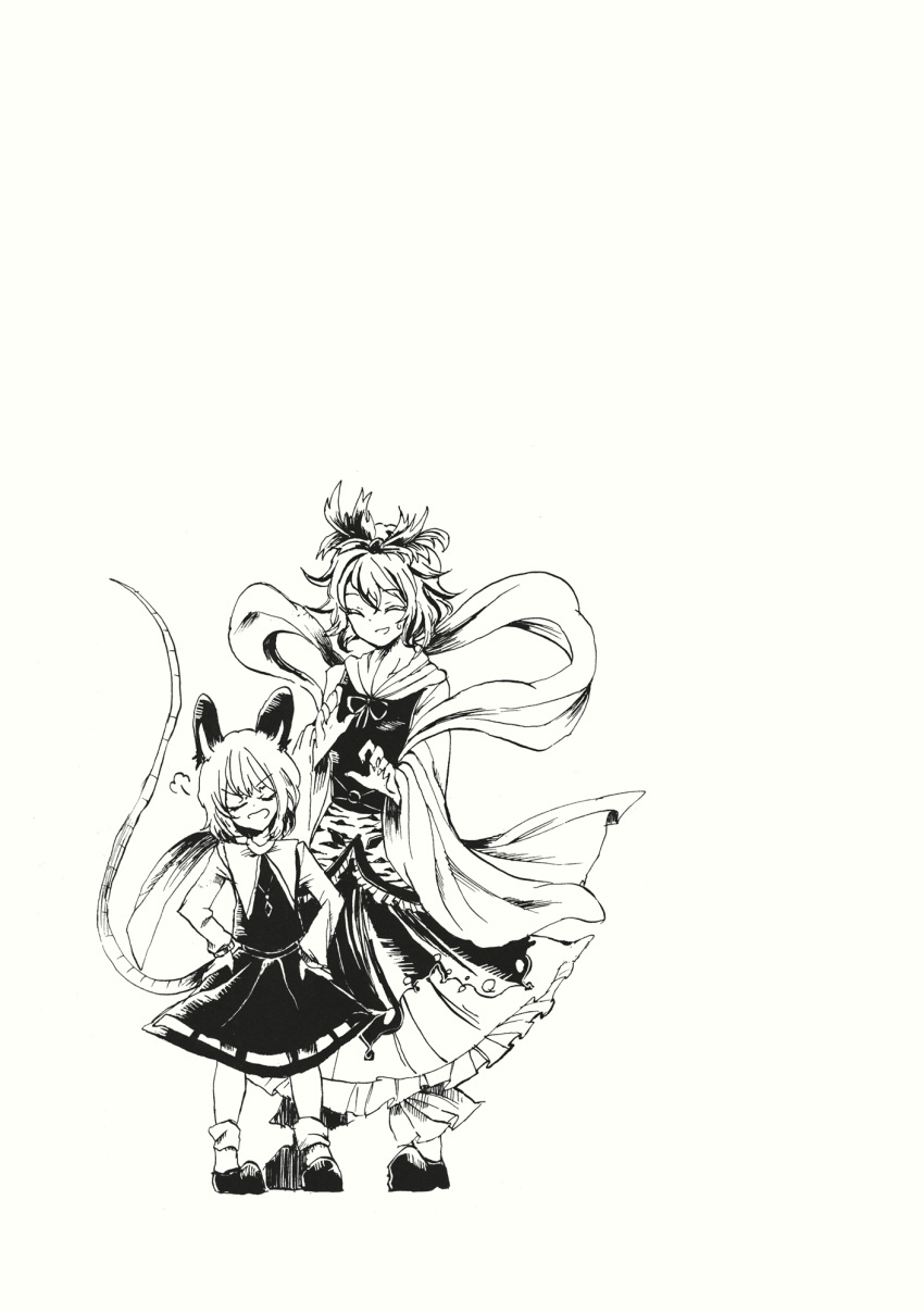 2girls animal_ears animal_print capelet comic greyscale highres hisona_(suaritesumi) jewelry long_sleeves monochrome mouse_ears mouse_tail multicolored_hair multiple_girls nazrin pendant shawl short_hair streaked_hair tail tiger_print toramaru_shou touhou wide_sleeves