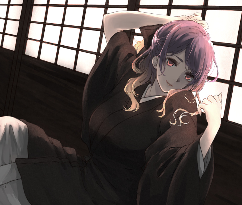 1girl architecture arm_behind_head arm_up black_kimono black_ribbon blonde_hair breasts commentary_request east_asian_architecture gradient_hair hair_ribbon hijiri_byakuren japanese_clothes kimono looking_at_viewer mayoln medium_breasts multicolored_hair ponytail purple_hair red_eyes ribbon shouji sitting sliding_doors smile solo tied_hair touhou two-tone_hair