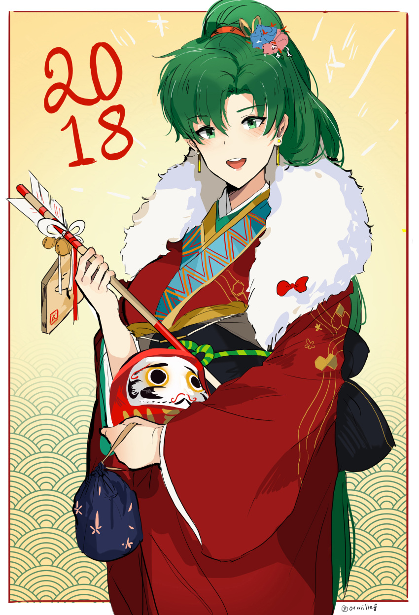 1girl 2018 absurdres blush dotentity fire_emblem fire_emblem:_rekka_no_ken fire_emblem_heroes green_eyes green_hair hatsumoude high_ponytail highres japanese_clothes kimono long_hair looking_at_viewer lyndis_(fire_emblem) new_year ponytail smile solo