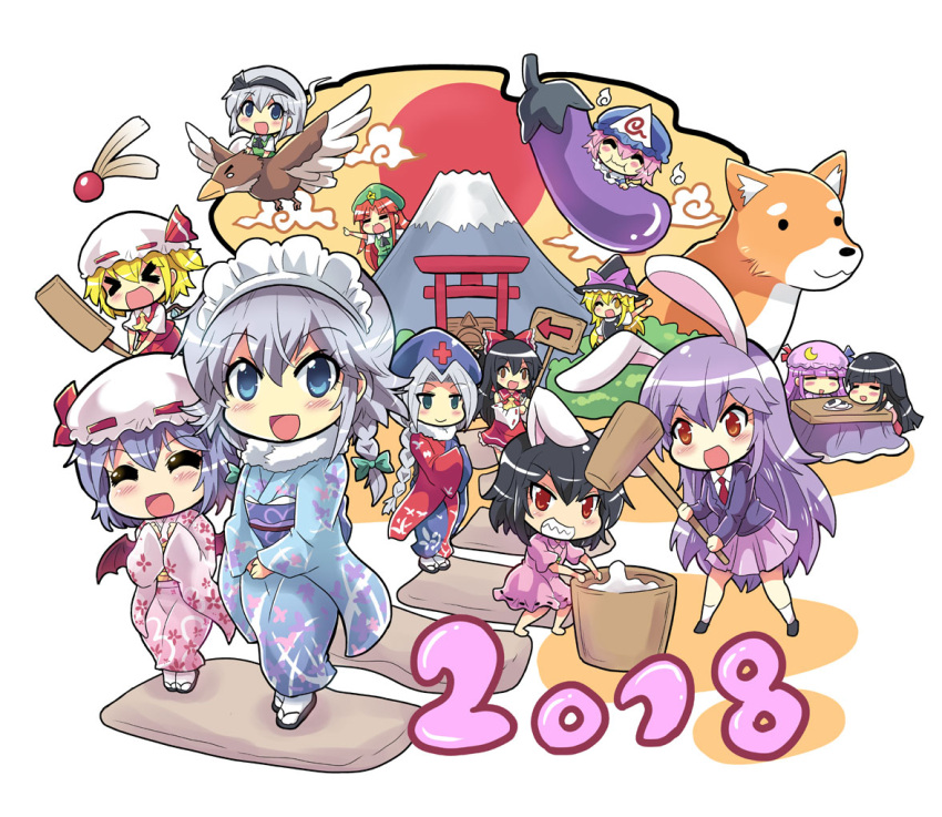 &gt;_&lt; 2018 6+girls animal_ears architecture bangs bird black_hair blonde_hair blue_eyes blunt_bangs bow braid chibi closed_eyes colonel_aki comic commentary_request crescent crescent_hair_ornament detached_sleeves dog dress east_asian_architecture eating eggplant flandre_scarlet flying food fur_trim geta grin hagoita hair_bow hair_ornament hairband hakurei_reimu happy_new_year hat hawk hong_meiling houraisan_kaguya inaba_tewi izayoi_sakuya japanese_clothes kimono kirisame_marisa konpaku_youmu kotatsu lavender_hair long_hair mallet mob_cap mochi mount_fuji multiple_girls new_year nontraditional_miko nurse_cap obi open_mouth paddle patchouli_knowledge rabbit_ears redhead reisen_udongein_inaba remilia_scarlet riding saigyouji_yuyuko sash senbei short_hair shrine side_ponytail sign silver_hair skirt smile tabi table torii touhou vest wagashi wide_sleeves witch_hat yagokoro_eirin younger