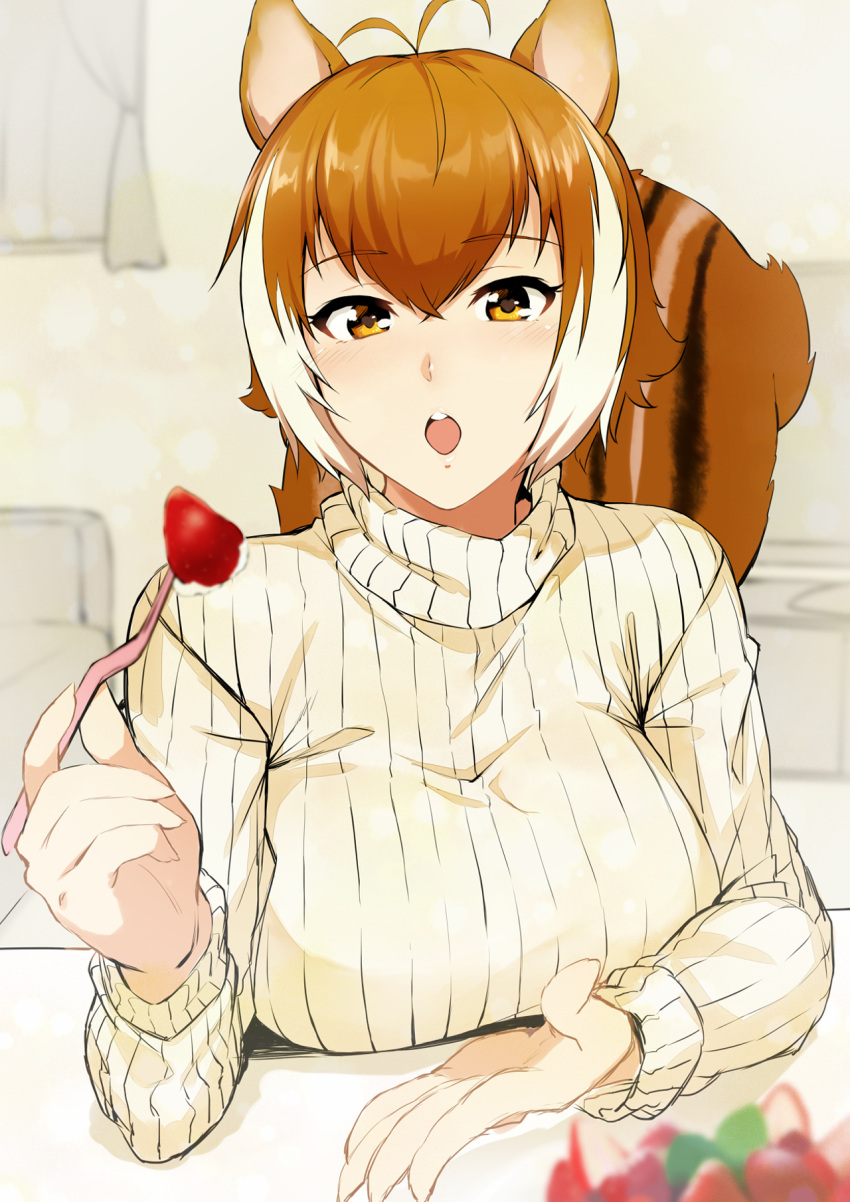 1girl animal_ears antenna_hair blazblue breasts brown_hair eyebrows_visible_through_hair food fruit highres large_breasts long_sleeves looking_at_viewer makoto_nanaya multicolored_hair open_mouth orange_eyes purinnssu revision short_hair solo squirrel_ears squirrel_tail strawberry sweater tail turtleneck turtleneck_sweater two-tone_hair upper_body