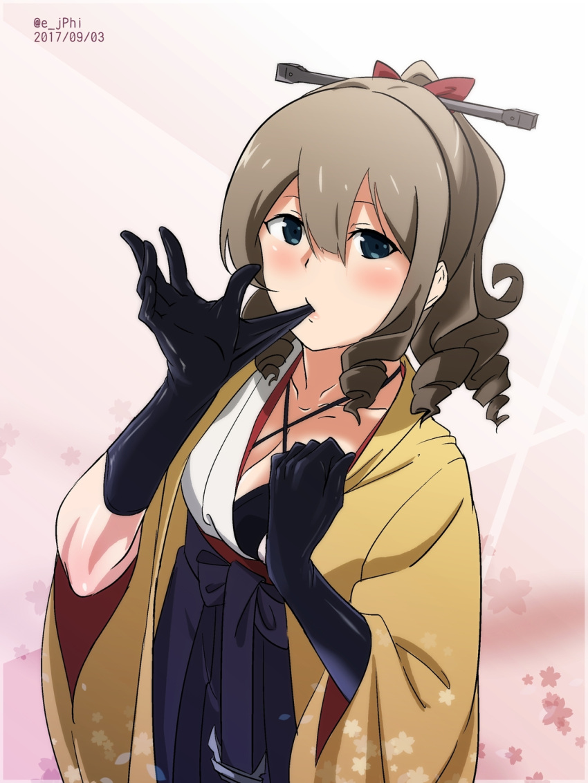 1girl black_gloves blush bow breasts cherry_blossoms cleavage collarbone dated drill_locks glove_in_mouth glove_pull gloves gradient gradient_background hair_bow hakama halterneck hatakaze_(kantai_collection) highres japanese_clothes kantai_collection kimono kimono_pull lips looking_at_viewer meiji_schoolgirl_uniform mouth_hold open_clothes open_kimono pink_background red_bow solo twitter_username vi3r6ein
