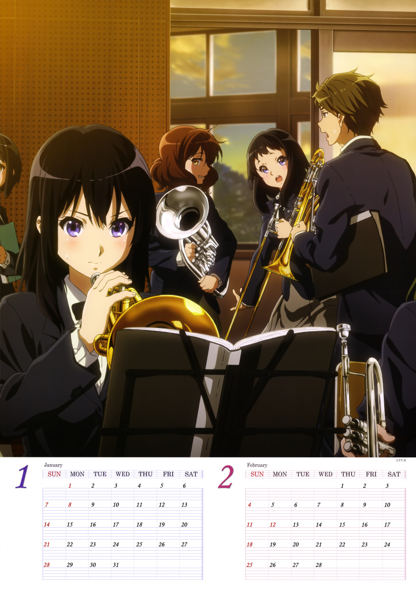 1boy 4girls absurdres black_bow black_hair black_jacket black_neckwear blue_eyes bow bowtie brown_eyes brown_hair brown_skirt calendar euphonium hibike!_euphonium highres holding holding_instrument indoors instrument jacket kousaka_reina looking_away multiple_girls open_mouth open_window oumae_kumiko pleated_skirt sasaki_azusa shirt skirt standing sweatdrop tsukamoto_shuuichi white_shirt yellow_eyes