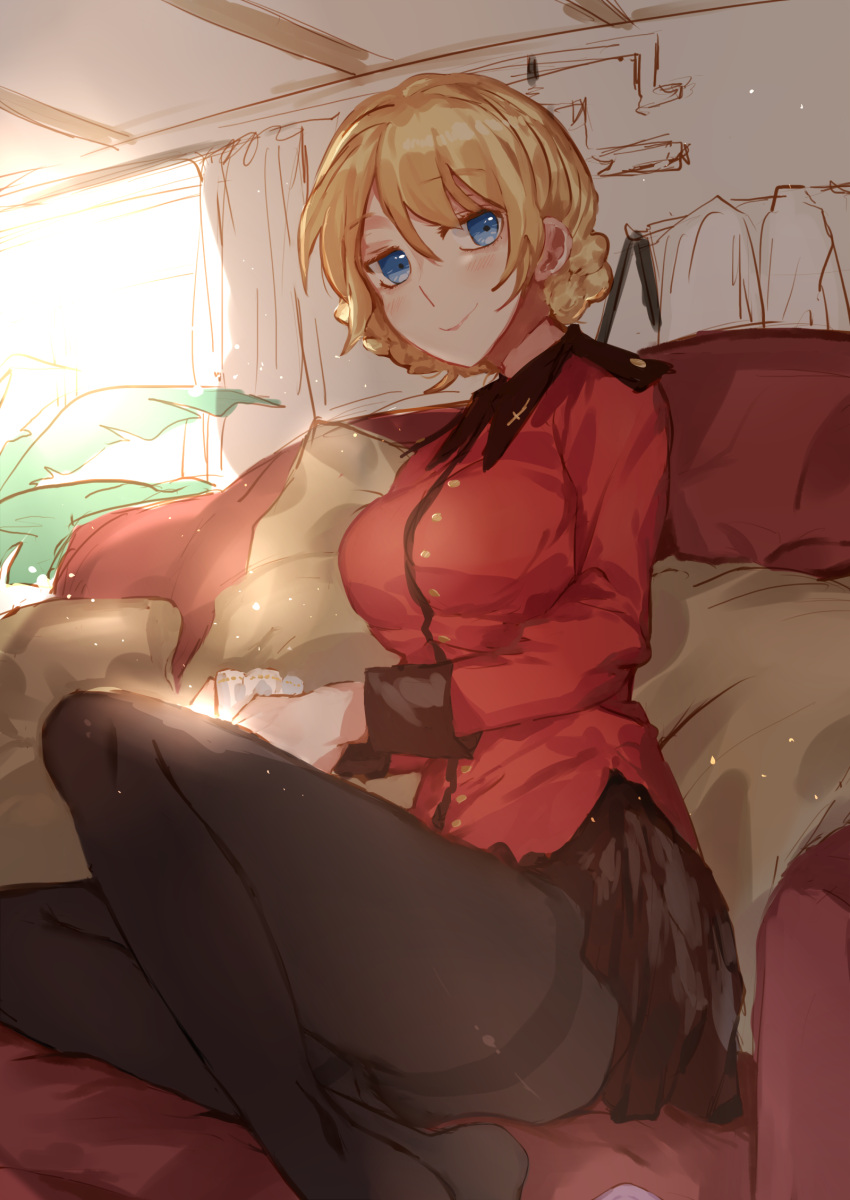 10s 1girl blonde_hair blue_eyes darjeeling girls_und_panzer highres military military_uniform tea uniform