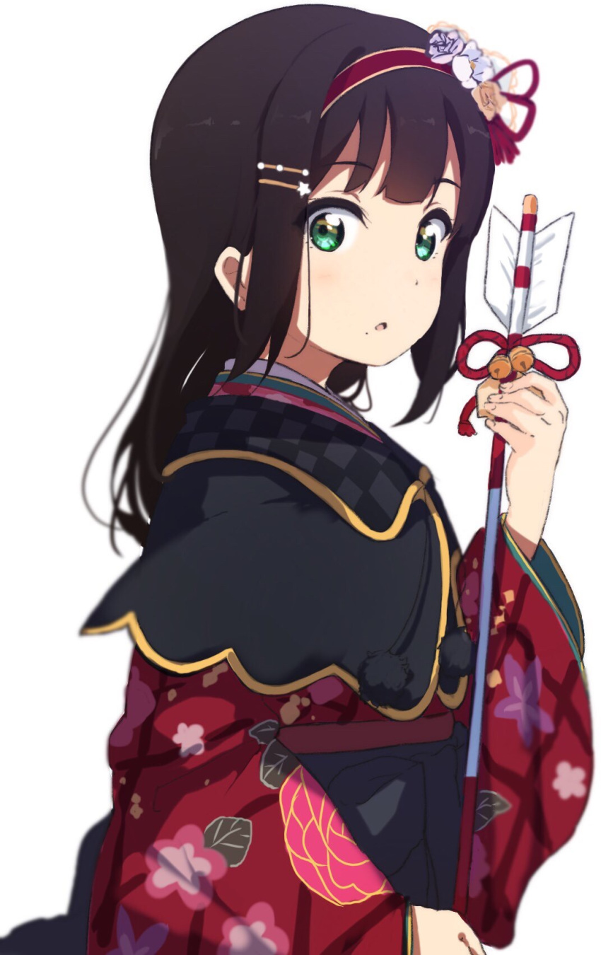 1girl arrow bangs bell black_hair capelet flower green_eyes hair_flower hair_ornament hairband hairpin hamaya highres holding_arrow icehotmilktea japanese_clothes jingle_bell kimono kurosawa_dia long_hair long_sleeves looking_at_viewer love_live! love_live!_sunshine!! mole mole_under_mouth new_year obi open_mouth sash simple_background solo upper_body white_background wide_sleeves