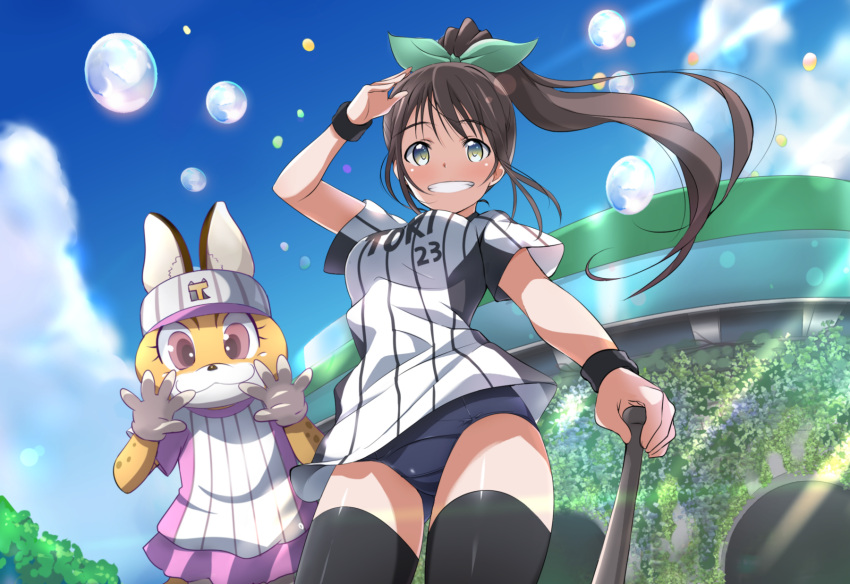 1girl bangs baseball_bat black_legwear blue_sky blue_swimsuit blush bow breasts day eyebrows_visible_through_hair floating_hair green_bow grey_eyes grin hair_bow hands_up highres holding jersey kemono_friends light_rays long_hair looking_at_viewer mascot medium_breasts original outdoors parted_lips ponytail school_swimsuit serval_(kemono_friends) short_sleeves sidelocks sky smile solo_focus standing sunbeam sunlight swimsuit swimsuit_under_clothes tareme teeth thigh-highs water_drop yumekaranigeruna