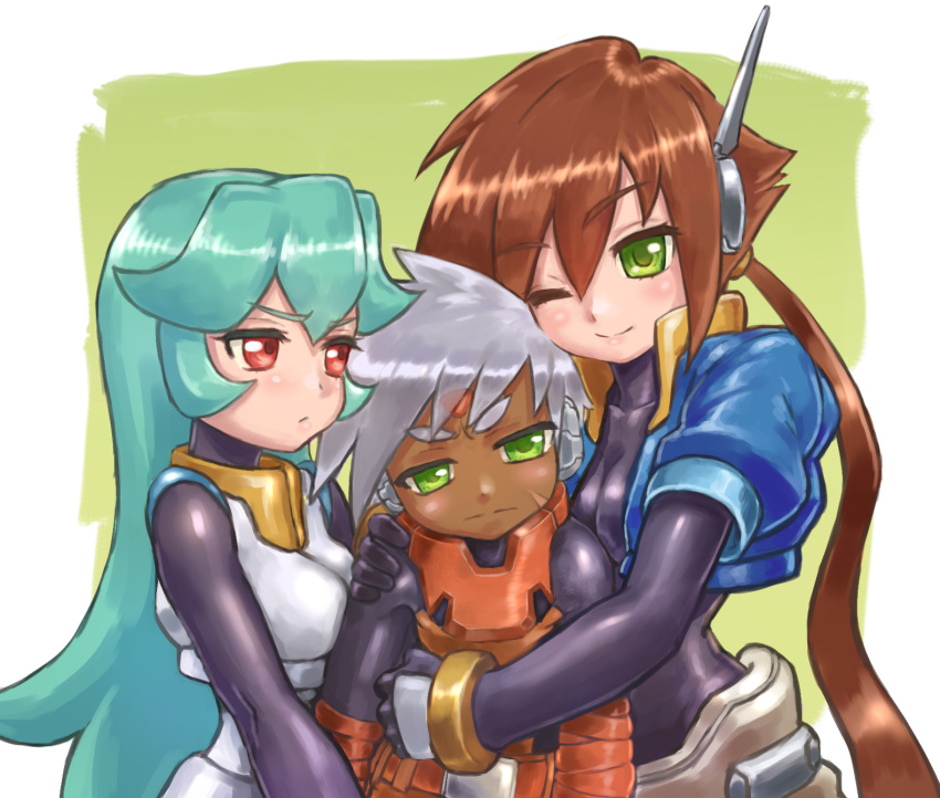 aile blush bodysuit breasts brown_hair cleavage commentary_request dark_skin drill_(emilio) gloves green_eyes highres long_hair multiple_girls ponytail rockman rockman_zx short_hair shorts skin_tight smile spandex