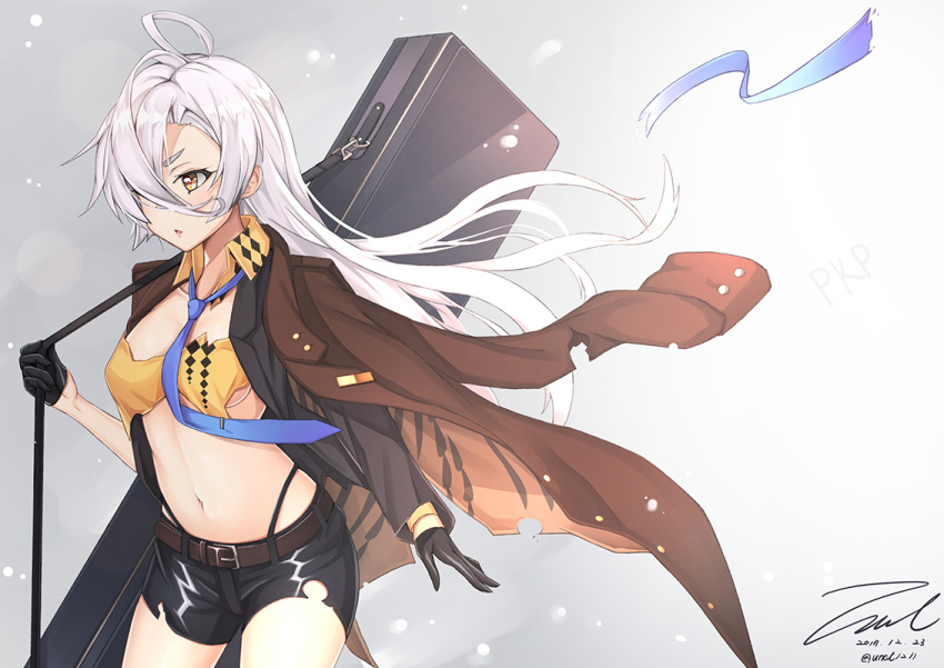 1girl ahoge arm_at_side belt black_gloves blue_neckwear blue_ribbon breasts buckle buttons case collarbone collared_shirt dated girls_frontline gloves grey_background grey_legwear gun hair_over_eyes half_gloves highleg highleg_panties holding_strap jacket jacket_on_shoulders long_hair looking_away medium_breasts midriff navel necktie one_eye_covered open_clothes open_jacket panties pants parted_lips pkp_(girls_frontline) ribbon shirt short_shorts shorts sideboob signature silver_hair simple_background solo sparkle standing strap string_panties thighs torn_clothes torn_jacket torn_pants torn_shirt twitter_username underwear unel1211 very_long_hair weapon weapon_bag yellow_eyes