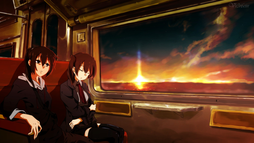 2girls alternate_costume alternate_hairstyle armrest black_legwear brown_hair closed_eyes closed_mouth clouds contemporary highres hood hoodie jacket kaga_(kantai_collection) kantai_collection long_hair looking_ahead multiple_girls necktie ocean signature sitting sky sleeping sleeping_upright sunset thigh-highs train_interior twintails vi3r6ein zuikaku_(kantai_collection)