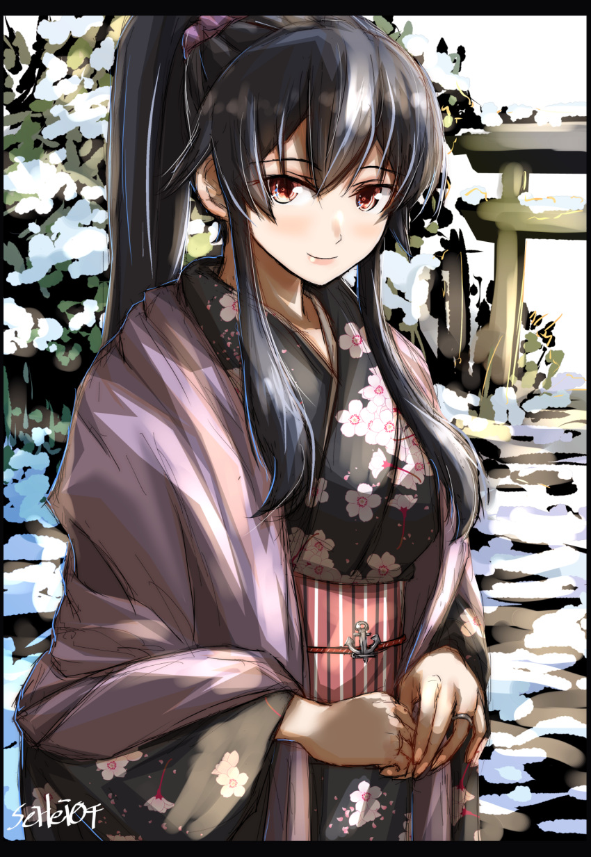 1girl alternate_costume anchor artist_name bangs black_border black_hair black_kimono border breasts closed_mouth day floral_print highres japanese_clothes jewelry kantai_collection kimono lips long_hair long_sleeves looking_at_viewer medium_breasts outdoors own_hands_together ponytail print_kimono red_eyes ring sash seitei_(04seitei) sidelocks sketch smile snow solo striped torii vertical_stripes wedding_band wide_sleeves winter yahagi_(kantai_collection)