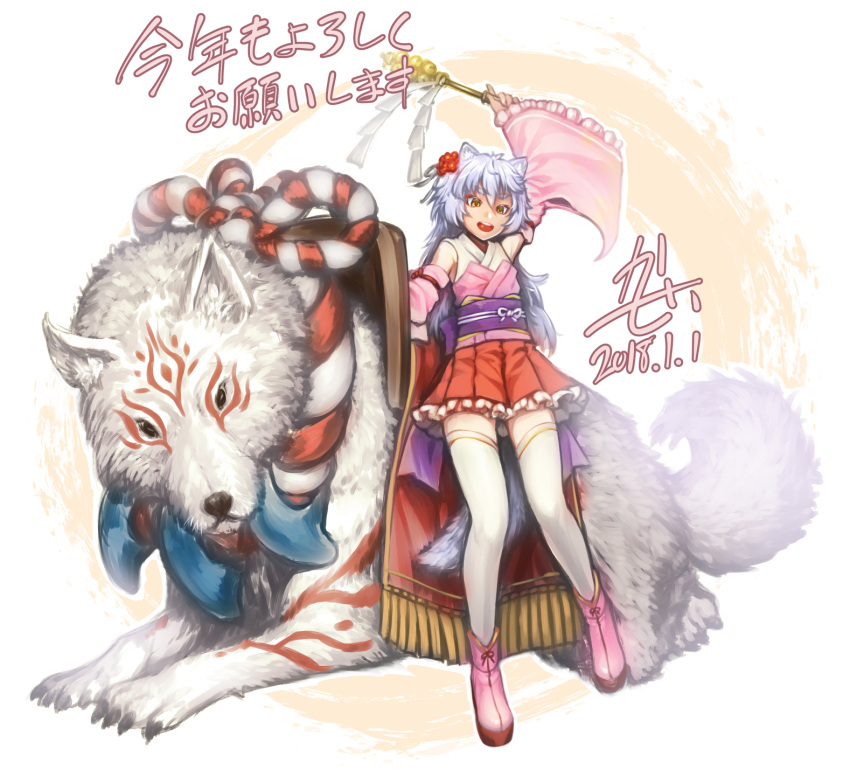 1girl 2018 animal_ears detached_sleeves flower h_kasei hair_flower hair_ornament highres japanese_clothes long_hair nengajou new_year open_mouth original solo tail thigh-highs white_hair wolf wolf_ears wolf_tail yellow_eyes