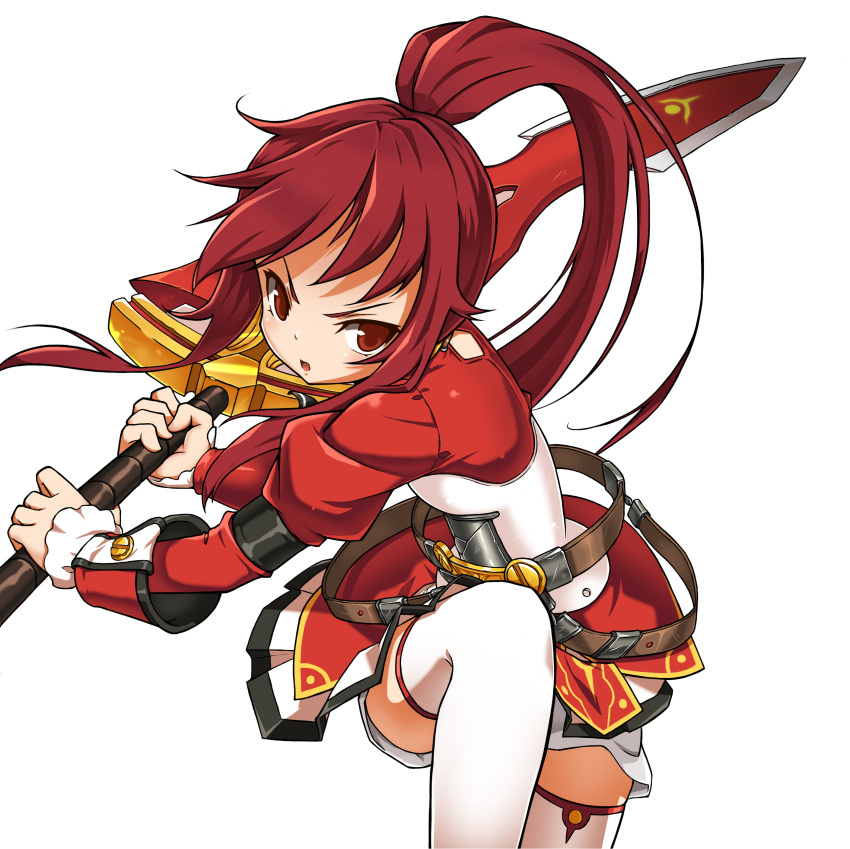 1girl absurdres belt buckle cowboy_shot elesis_(elsword) elsword free_knight_(elsword) highres holding holding_sword holding_weapon legs long_hair looking_at_viewer official_art ponytail red_eyes red_shirt redhead ress serious shirt skirt solo sword thigh-highs weapon white_legwear white_skirt zettai_ryouiki