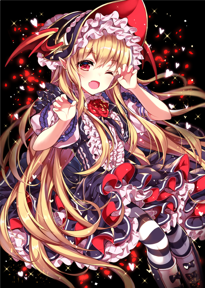 1girl ;d black_background blonde_hair blush boots claw_pose dress eyebrows_visible_through_hair fang frilled_sleeves frills granblue_fantasy hair_between_eyes head_tilt headpiece heart highres homaderi long_hair looking_at_viewer one_eye_closed open_mouth pantyhose pointy_ears puffy_short_sleeves puffy_sleeves red_eyes short_sleeves sitting smile solo sparkle striped striped_legwear vampy very_long_hair