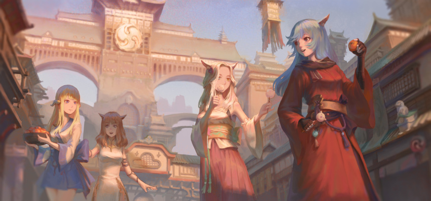 4girls architecture au_ra blonde_hair blue_eyes blue_hair brown_eyes brown_hair china_dress chinese_clothes day dragon_horns dress east_asian_architecture final_fantasy final_fantasy_xiv fingerless_gloves flower food gloves hair_flower hair_ornament heterochromia highres horns japanese_clothes kiwi_(1115168110) long_hair looking_at_another looking_back miqo'te multiple_girls open_mouth outdoors samurai_(final_fantasy) side_slit