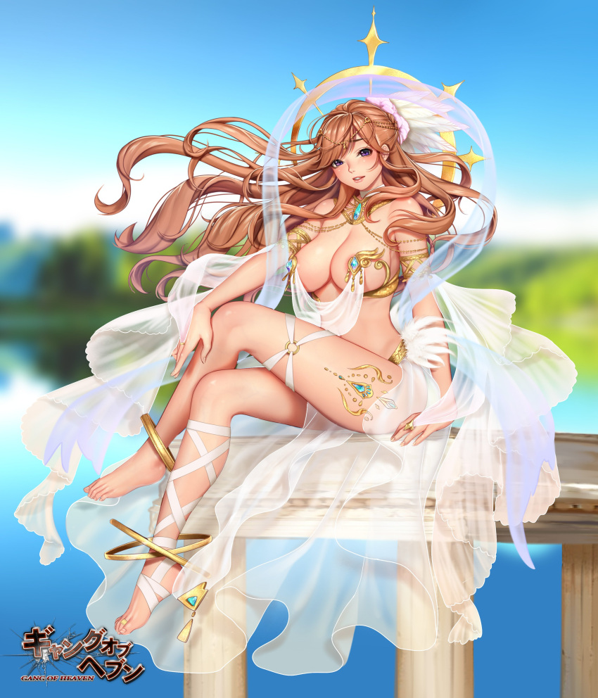 1girl absurdres armlet bangs bare_shoulders barefoot blurry blurry_background breasts brown_hair choker commentary_request day feathers full_body gang_of_heaven hair_ornament highres large_breasts legs_crossed logo long_hair masami_chie official_art outdoors parted_lips revealing_clothes see-through sitting solo violet_eyes water