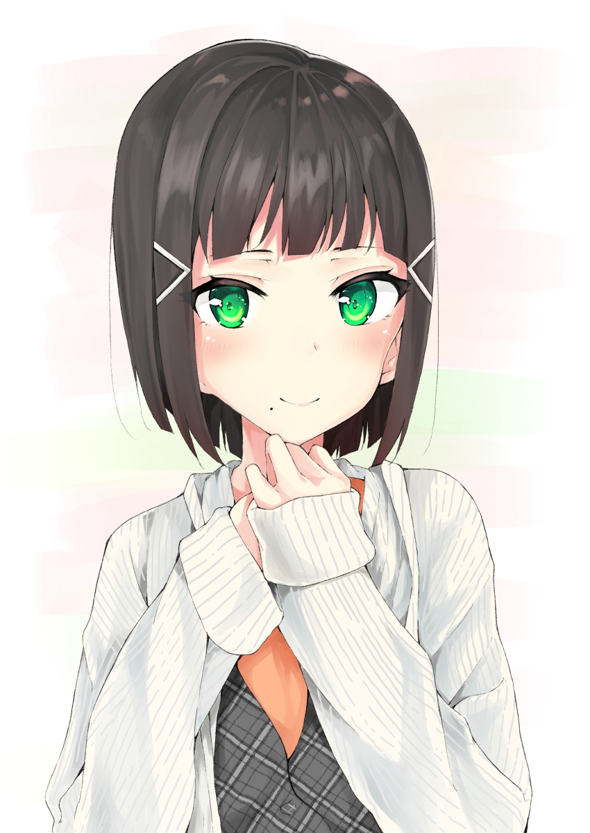 1girl absurdres alternate_hair_length alternate_hairstyle bangs black_hair bob_cut cardigan clenched_hands commentary_request flat_(joppin_karu!) green_eyes hair_ornament hairclip hands_together highres kurosawa_dia light_blush long_sleeves looking_at_viewer love_live! love_live!_sunshine!! mole mole_under_mouth plaid ribbed_sweater short_hair sleeves_past_wrists smile solo sweater upper_body
