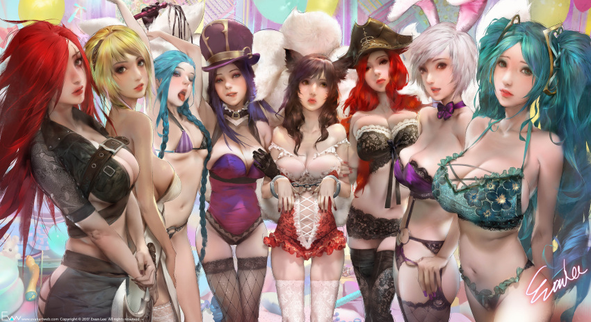 2018 ;p absurdres ahri alternate_costume animal_ears aqua_bra aqua_hair aqua_panties arms_behind_back arms_up artist_name axe belt belt_buckle bicorne bikini biting black_gloves black_hair black_legwear black_ribbon black_skirt blonde_hair blue_eyes blue_hair bow bra braid breasts brown_eyes brown_nails buckle bustier caitlyn_(league_of_legends) cat_o'_nine_tails center_opening cleavage crop_top cross-laced_clothes cuffs detached_collar dress evan_lee eyeshadow fingernails flower_ornament fox_ears fox_girl fox_tail frilled_bra frilled_panties frills garter_belt gloves gradient_hair green_eyes hair_ornament hair_over_one_eye hairband hand_on_own_chest handcuffs happy_new_year hat highres holding holding_arm holding_weapon holding_whip jinx_(league_of_legends) katarina_du_couteau lace lace-trimmed_bra lace-trimmed_thighhighs lace_legwear lace_trim large_breasts league_of_legends leather leotard light_frown lineup lingerie lip_biting lipgloss lipstick long_fingernails long_hair looking_at_viewer looking_away makeup mascara medium_breasts miniskirt miss_fortune multicolored multicolored_bikini multicolored_clothes multicolored_hair multiple_girls nail_polish navel new_year o-ring_bottom one_eye_closed open_mouth orange_eyes panties parted_lips pink_lipstick pout purple_background purple_hair purple_leotard purple_nails purple_panties rabbit_ears realistic red_eyes red_lipstick red_nails redhead ribbon riven_(league_of_legends) sarah_fortune scar scar_across_eye short_dress short_hair side_slit signature skirt sleeveless sleeveless_dress small_breasts smile sona_buvelle standing strapless strapless_leotard stretch string_panties swimsuit tail thigh-highs thigh_gap tongue tongue_out top_hat twin_braids twintails underwear underwear_only very_long_hair violet_eyes watermark weapon web_address whip whisker_markings white_dress white_hair white_legwear