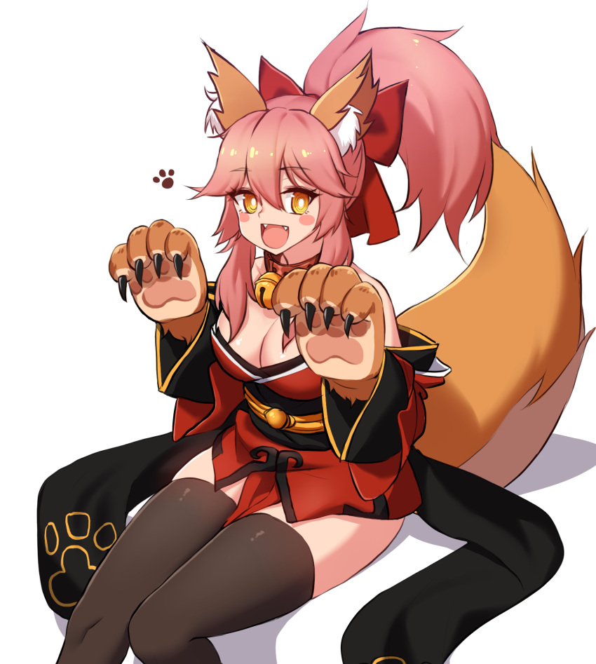 1girl @_@ animal_ears bare_shoulders bell bell_collar black_legwear blush_stickers bow breasts cat_paws collar detached_sleeves fangs fate/grand_order fate_(series) fox_ears fox_tail gloves hair_bow hair_ribbon highres japanese_clothes jingle_bell large_breasts long_hair narynn open_mouth paw_gloves paws pink_hair ponytail ribbon simple_background sitting solo tail tamamo_(fate)_(all) tamamo_cat_(fate) thigh-highs white_background yellow_eyes