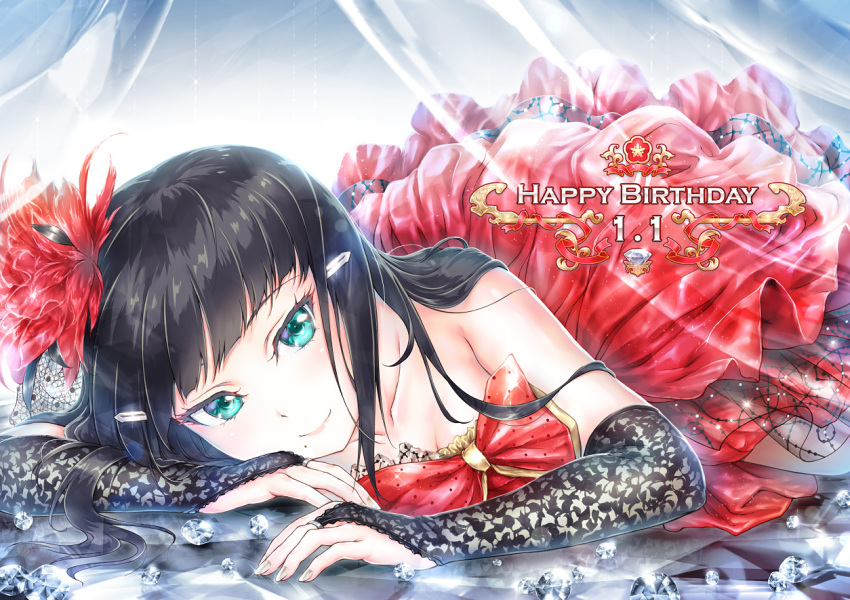 1girl aqua_eyes bangs black_hair blunt_bangs dated diamond dress elbow_gloves flower gloves hair_flower hair_ornament hair_spread_out hairclip happy_birthday jewelry kurosawa_dia long_hair looking_at_viewer love_live! love_live!_sunshine!! lying mole mole_under_mouth on_stomach red_dress red_flower ring rymerge smile solo