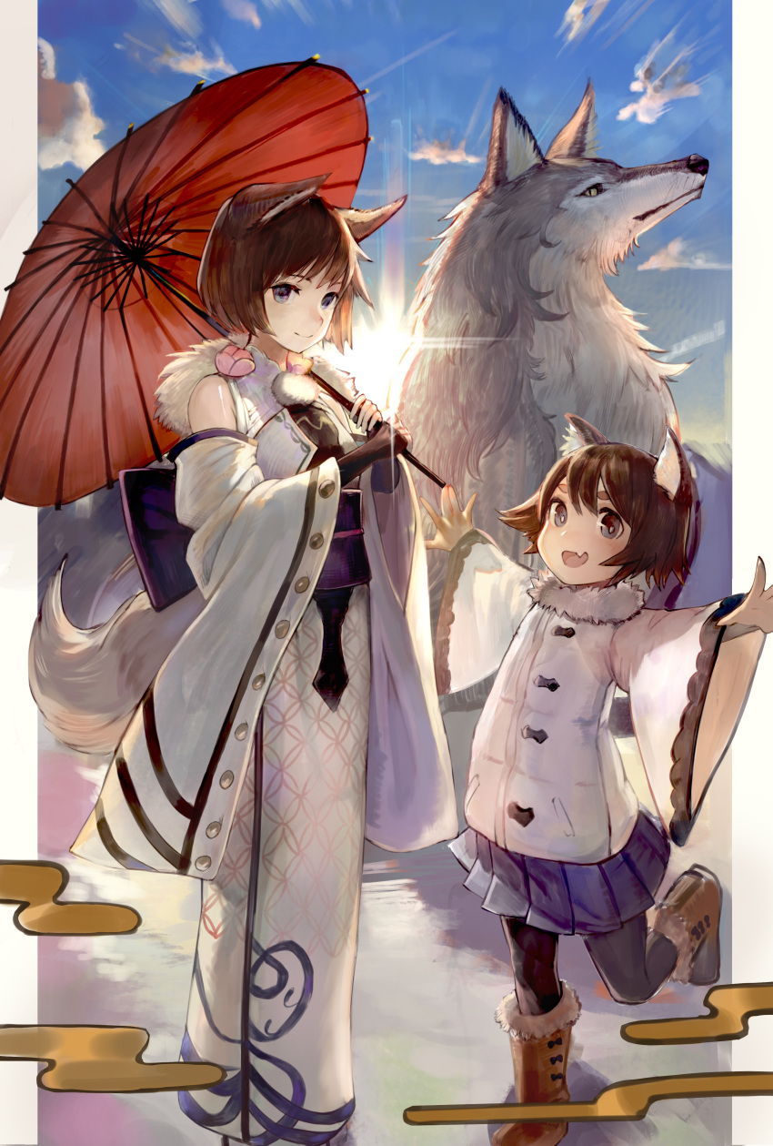 2girls absurdres animal_ears backlighting bangs bare_shoulders black_legwear blue_eyes blue_skirt blue_sky boots bright_pupils brown_footwear brown_hair child closed_mouth clouds coat day detached_sleeves dog dog_ears egasumi fang flower fur-trimmed_boots fur_trim highres holding holding_umbrella japanese_clothes kimono knee_boots lard_(kumazakiyuta) leg_up light_rays long_sleeves multiple_girls oriental_umbrella original outstretched_arms pantyhose pink_flower pleated_skirt sash short_hair skirt sky spread_arms standing standing_on_one_leg sunbeam sunlight tareme thick_eyebrows umbrella white_coat white_kimono wide_sleeves winter_clothes winter_coat
