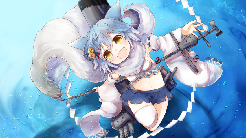 1girl :3 animal_ears azur_lane blue_hair blue_skirt detached_sleeves fox_ears fox_tail fubuki_(azur_lane) kohara_mihiro machinery midriff navel open open_mouth pleated_skirt scarf short_hair single_thighhigh skirt smokestack solo staff tail thigh-highs underwater white_legwear white_scarf yellow_eyes