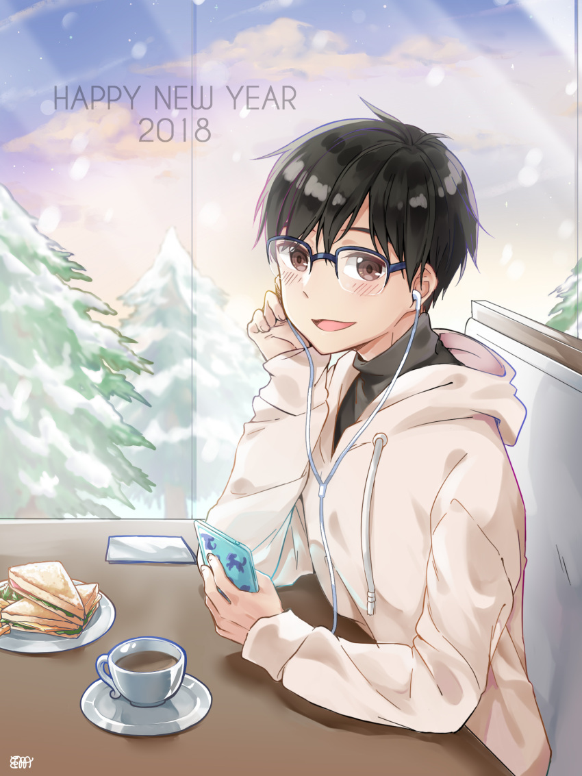 1boy 2018 absurdres big_cat_shan black_hair blue-framed_eyewear brown_eyes cellphone coffee cup earphones earphones food glasses happy_new_year highres hood hoodie katsuki_yuuri male_focus new_year open_mouth phone pine_tree plate sandwich sitting smartphone smile snow snowing table tree window yuri!!!_on_ice