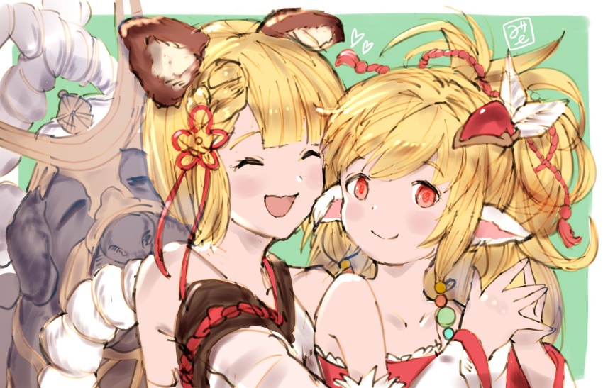 2girls animal_ears bare_shoulders blonde_hair dog_ears erun_(granblue_fantasy) granblue_fantasy harbin highres huge makira_(granblue_fantasy) milli_little multiple_girls red_eyes rope shimenawa short_hair sketch vajra_(granblue_fantasy)