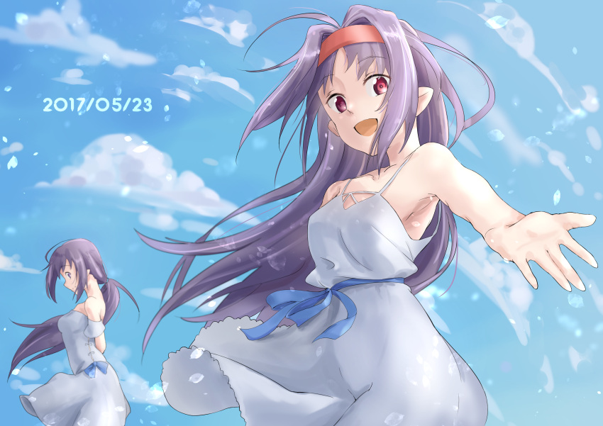 absurdres ahoge armpits arms_behind_back blue_sky clouds cowboy_shot dated hairband highres long_hair looking_at_viewer multiple_persona outstretched_arm pointy_ears ponytail red_eyes red_hairband sky smile sword_art_online yuuki_(sao)