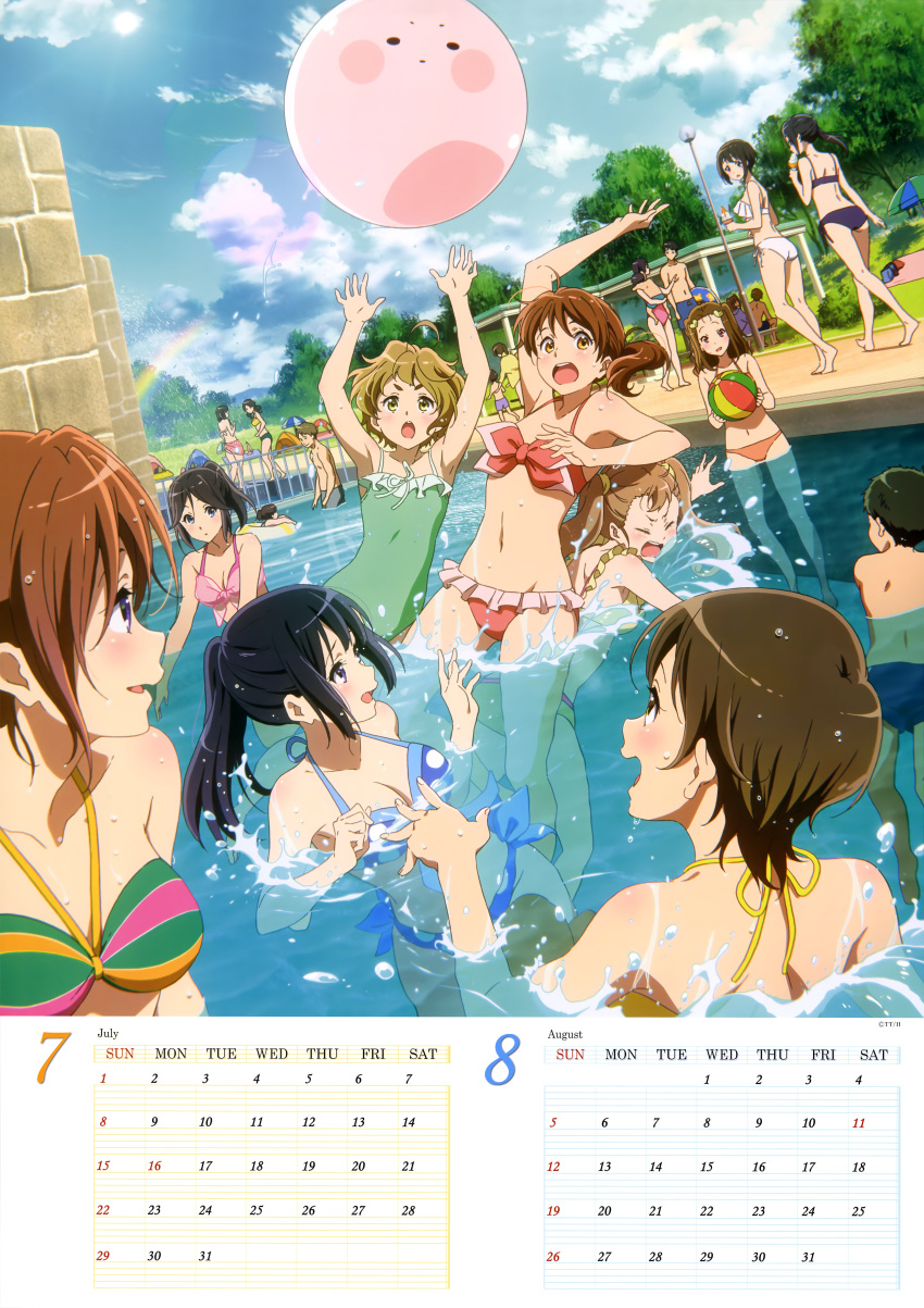 6+girls absurdres arm_up arms_up ass ball bare_shoulders bikini black_hair blue_bikini blue_eyes blue_sky breasts brown_eyes brown_hair calendar casual_one-piece_swimsuit cleavage closed_eyes clouds collarbone day floating_hair frilled_bikini frills full_body green_eyes groin hair_between_eyes halterneck hibike!_euphonium highres holding_person innertube kasaki_nozomi katou_hazuki kawashima_sapphire kousaka_reina lens_flare medium_breasts multiple_boys multiple_girls nakagawa_natsuki nakaseko_kaori navel one-piece_swimsuit open_mouth orange_bikini oumae_kumiko outdoors partially_submerged pink_bikini_top pink_swimsuit ponytail rainbow red_bikini short_hair side_ponytail sky standing striped_bikini_top sun swimsuit swimwear tanaka_asuka twintails wet white_bikini yellow_bikini_top yoshikawa_yuuko