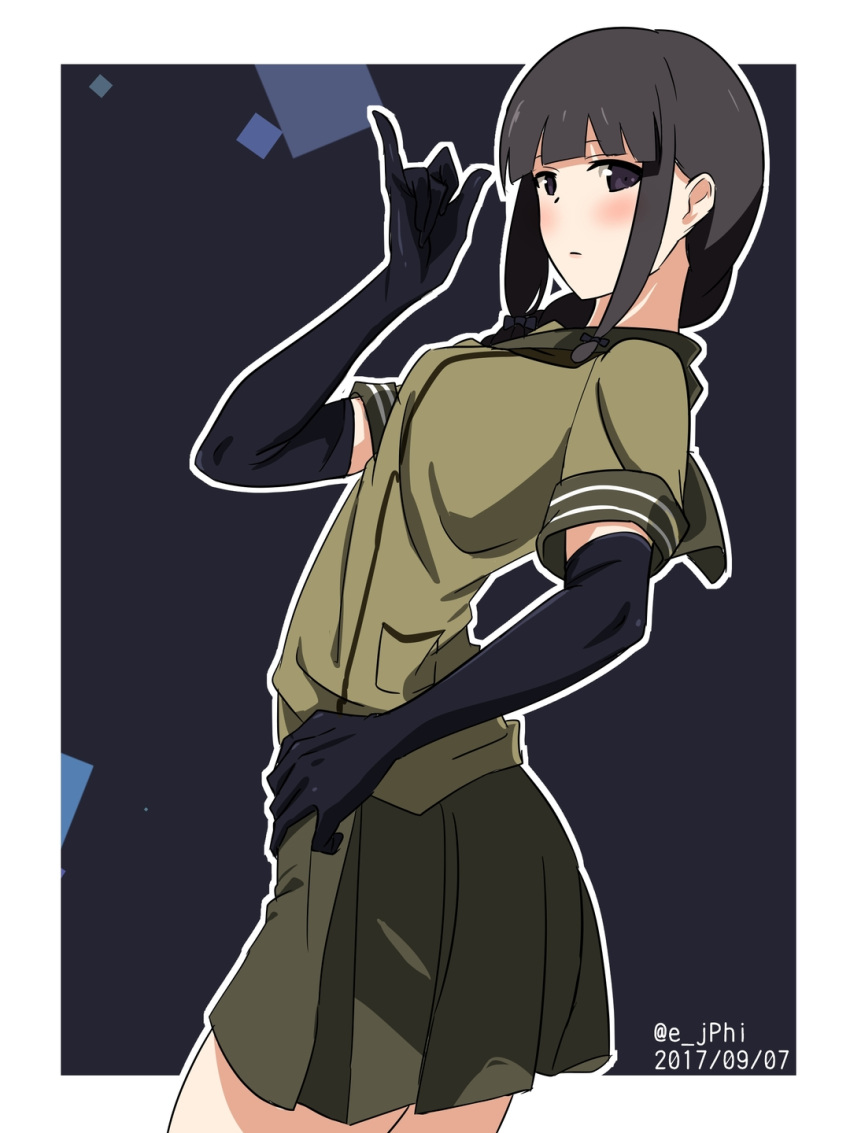 1girl \m/ arched_back black_gloves blue_background brown_hair closed_mouth dated elbow_gloves gloves hand_on_hip hand_up highres kantai_collection kitakami_(kantai_collection) leaning_back letterboxed long_hair looking_at_viewer outline sidelocks simple_background skirt solo twitter_username vi3r6ein violet_eyes white_border white_outline