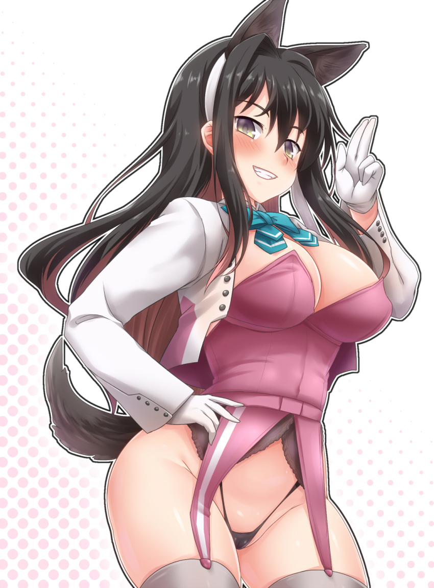 1girl animal_ears black_hair black_panties blue_eyes blush bow breasts dog_ears dog_tail gloves grin groin hairband hand_on_hip highleg highres jacket kantai_collection large_breasts long_hair looking_at_viewer multicolored multicolored_eyes multicolored_hair naganami_(kantai_collection) panties pink_hair salute smile solo tail thigh-highs underwear white_gloves yellow_eyes yoshi_tama