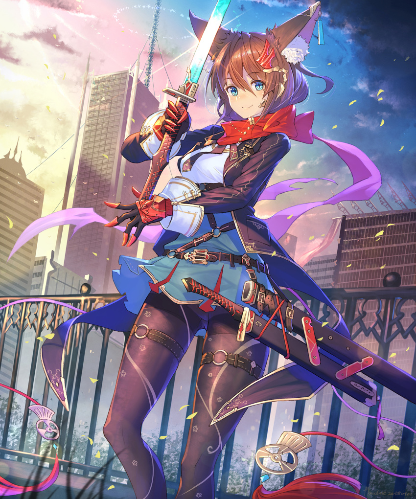 1girl animal_ears bangs blue_eyes breasts brown_hair building clouds commentary_request detached_sleeves earrings eyebrows_visible_through_hair floral_print gloves hair_ornament highres holding holding_sword holding_weapon jacket jewelry long_sleeves medium_breasts mole mole_under_eye nadare-san_(nadare3nwm) necktie night night_sky open_clothes original outdoors pantyhose petals scarf sheath sheathed shiny short_hair skirt sky sunset sword thighband_pantyhose weapon