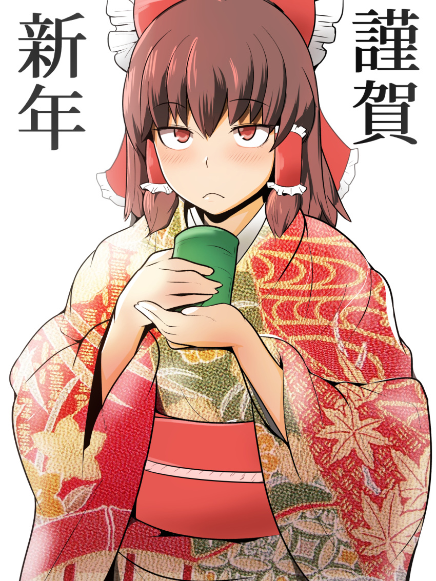 1girl bangs blush bow brown_hair closed_mouth cookie_(touhou) eyebrows eyebrows_visible_through_hair facing_away frilled_bow frilled_hair_tubes frills frown hair_between_eyes hair_bow hakurei_reimu hekiga_(freelot) highres holding japanese_clothes kimono long_sleeves looking_away obi red_bow red_eyes reu sash short_hair simple_background solo text touhou tsurime upper_body white_background wide_sleeves