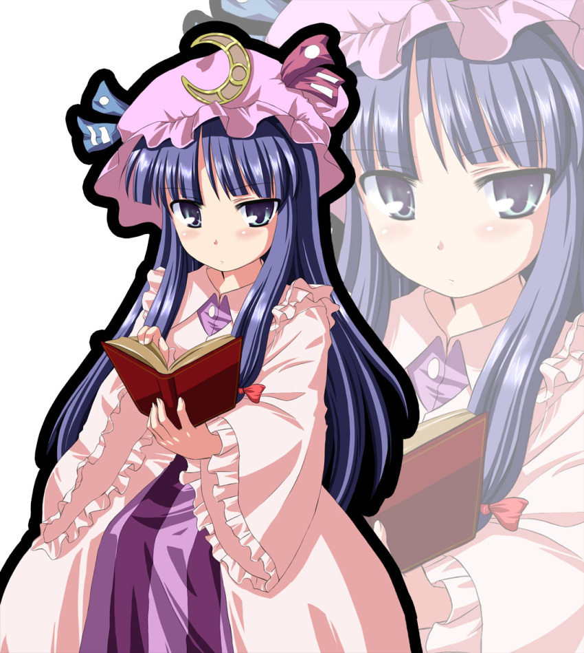 1girl big_eyes book bow closed_mouth crescent_moon_symbol dress eyebrows_visible_through_hair hair_ornament highres holding holding_book kinagi_yuu long_hair multicolored multicolored_clothes multicolored_dress multiple_views patchouli_knowledge purple_hair red_bow simple_background touhou very_long_hair violet_eyes white_background