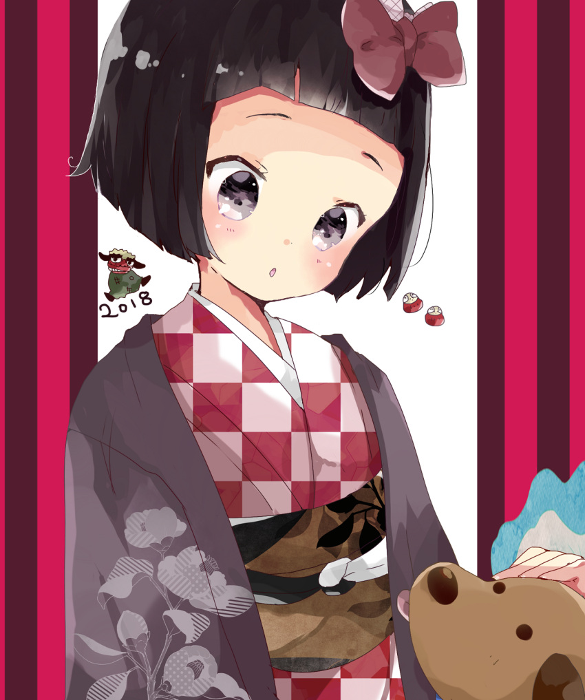 1girl 2018 :o animal bangs black_eyes black_hair blunt_bangs blush bow brown_coat checkered checkered_kimono coat commentary_request dog hair_bow highres japanese_clothes kimono looking_at_viewer obi original overcoat parted_lips petting red_bow sash shishimai short_hair solo striped tongue tongue_out tsukiyo_(skymint) unmoving_pattern vertical_stripes year_of_the_dog