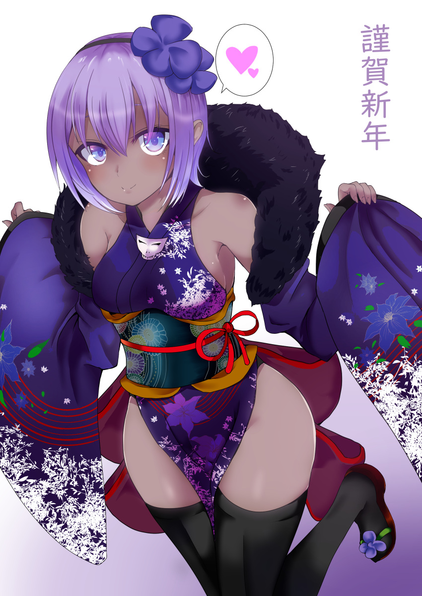 1girl absurdres alternate_costume bangs bare_shoulders black_hairband black_legwear blush breasts closed_mouth detached_sleeves fate/grand_order fate_(series) floral_print flower fujimori_tonkatsu fur_trim gradient gradient_background hair_between_eyes hair_flower hair_ornament hairband hassan_of_serenity_(fate) heart highres japanese_clothes kimono long_sleeves looking_at_viewer obi pelvic_curtain print_kimono purple_hair red_ribbon ribbon sash short_hair sideboob sleeves_past_wrists small_breasts smile solo spoken_heart standing standing_on_one_leg thigh-highs translated violet_eyes w_arms wide_sleeves