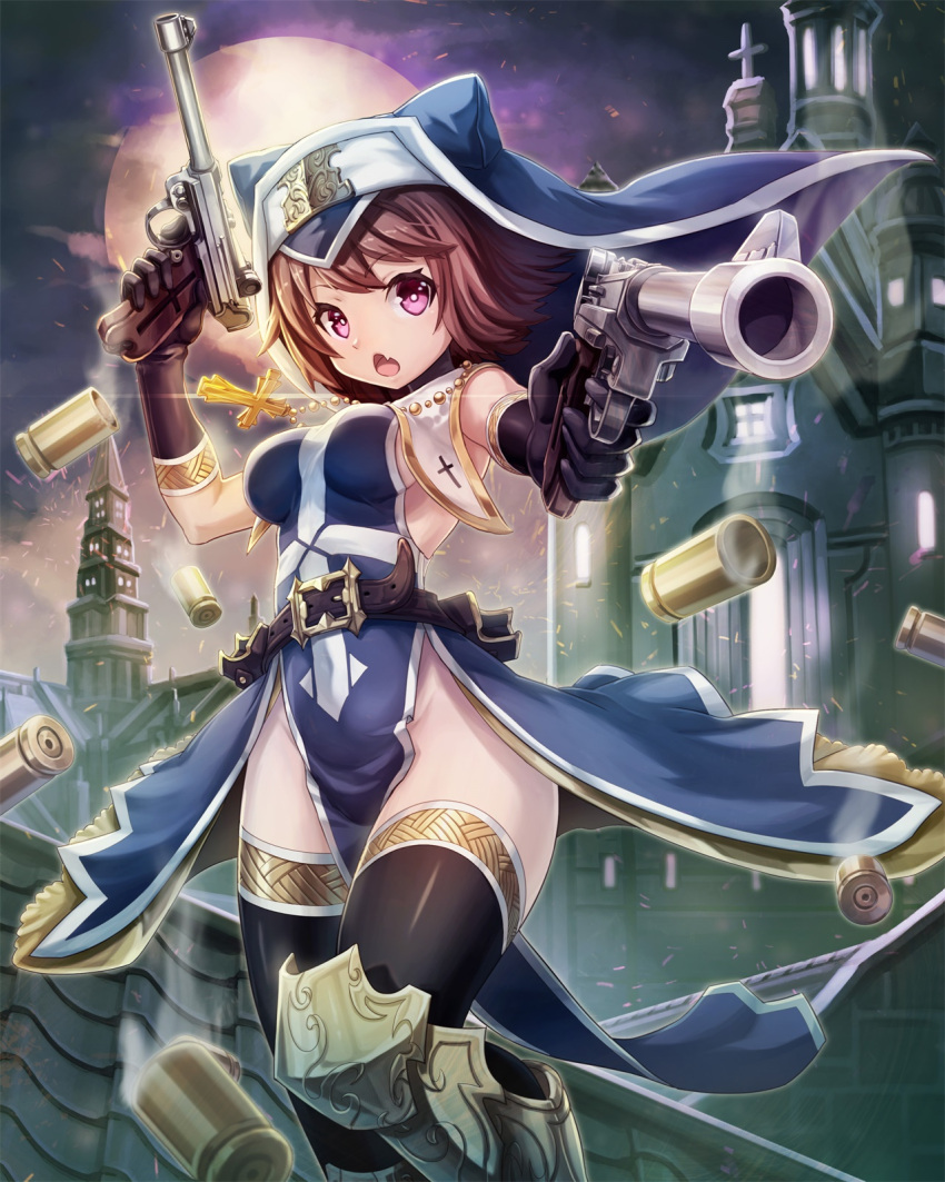 1girl belt breasts brown_hair canine cross firearm gloves greaves gun highres large_breasts moon nun open_mouth rosary short_hair sideboob sleeveless thigh-highs veil violet_eyes weapon
