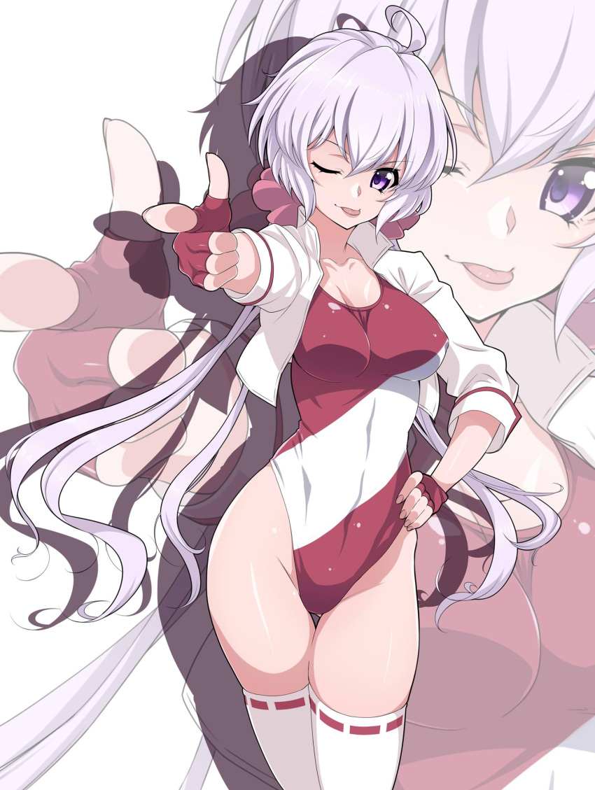 1girl ahoge blush breasts covered_navel cropped_jacket erect_nipples fingerless_gloves gloves highres jacket kurihara_kenshirou large_breasts lavender_hair leotard long_hair looking_at_viewer low-tied_long_hair one_eye_closed pointing pointing_at_viewer scrunchie senki_zesshou_symphogear shiny shiny_clothes shiny_hair shiny_skin solo standing thigh-highs tongue tongue_out twintails very_long_hair violet_eyes white_jacket white_legwear yukine_chris zoom_layer