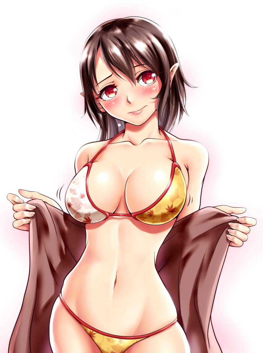 1girl absurdres alvares bare_shoulders bikini blush breasts breasts_apart brown_hair closed_mouth collarbone graphite_(medium) hair_between_eyes hands_up head_tilt highres holding holding_towel leaf_print lips looking_at_viewer mechanical_pencil medium_breasts medium_hair navel pencil pointy_ears print_bikini shameimaru_aya skindentation solo stomach swimsuit touhou towel traditional_media upper_body