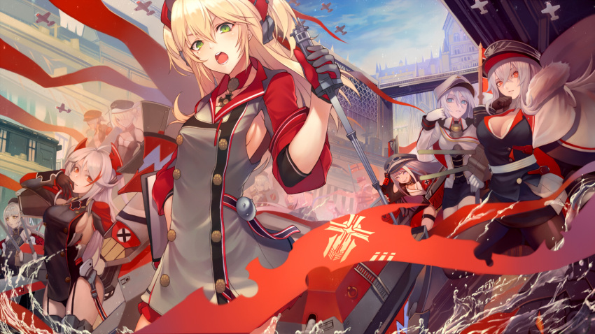 6+girls :o admiral_hipper_(azur_lane) admiral_hipper_(zhan_jian_shao_nyu) aircraft airplane antenna_hair arm_up armor azur_lane bangs banner bare_shoulders black_dress black_gloves black_hat black_legwear black_panties blonde_hair blue_eyes blue_hair blue_skirt blue_sky breasts building character_request cleavage closed_mouth coat cowboy_shot day detached_collar double-breasted dress fur-trimmed_coat fur_collar fur_trim garter_straps gloves goggles goggles_on_headwear graf_zeppelin_(azur_lane) green_eyes grey_dress hair_between_eyes hand_on_hip hand_on_own_face hat head_tilt headgear highres holding holding_microphone kyoeiki large_breasts leg_up long_sleeves looking_at_viewer machinery medium_breasts microphone miniskirt mole mole_under_eye multicolored_hair multiple_girls open_clothes open_coat outdoors pale_skin panties pantyhose pantyshot pantyshot_(standing) parted_lips peaked_cap pelvic_curtain red_eyes redhead round_teeth sash short_sleeves shoulder_armor sideboob silver_hair skirt sky small_breasts smile splashing standing standing_on_one_leg straight_hair streaked_hair teeth thigh-highs thigh_strap turret two-tone_hair two_side_up underwear v-shaped_eyebrows water white_coat white_gloves yellow_eyes z23_(azur_lane)