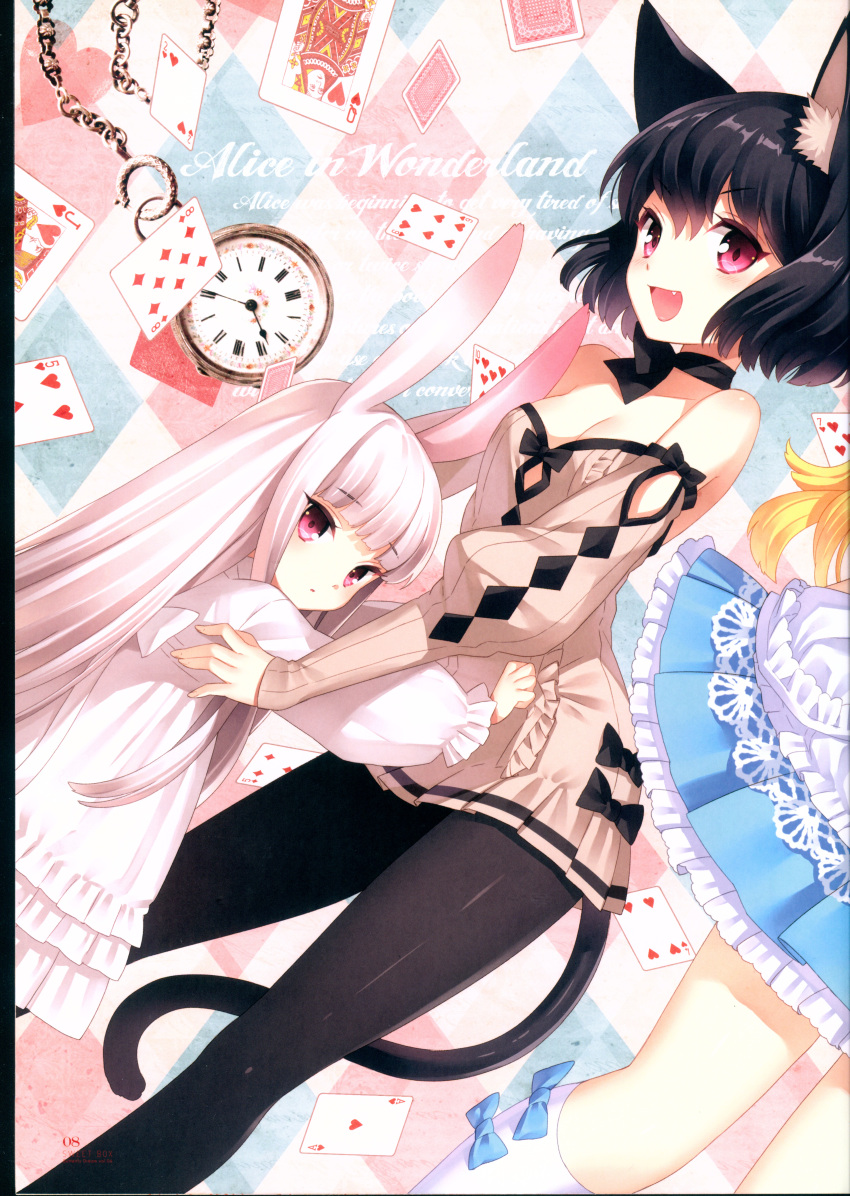 3girls :d :o absurdres ace_of_hearts alice_in_wonderland animal_ears bangs black_choker black_hair black_legwear blonde_hair blue_bow blue_dress blush bow brown_dress card cat_ears cat_girl cat_tail checkered checkered_background choker copyright_name diamond_(shape) dress dutch_angle eyebrows_visible_through_hair fang hair_between_eyes heart highres huge_filesize kneehighs long_hair long_sleeves looking_at_viewer looking_to_the_side multiple_girls nardack open_mouth pantyhose parted_lips personification playing_card pocket_watch puffy_long_sleeves puffy_sleeves ribbon_choker scan short_hair sleeves_past_wrists smile tail very_long_hair violet_eyes watch white_dress white_hair white_legwear white_rabbit