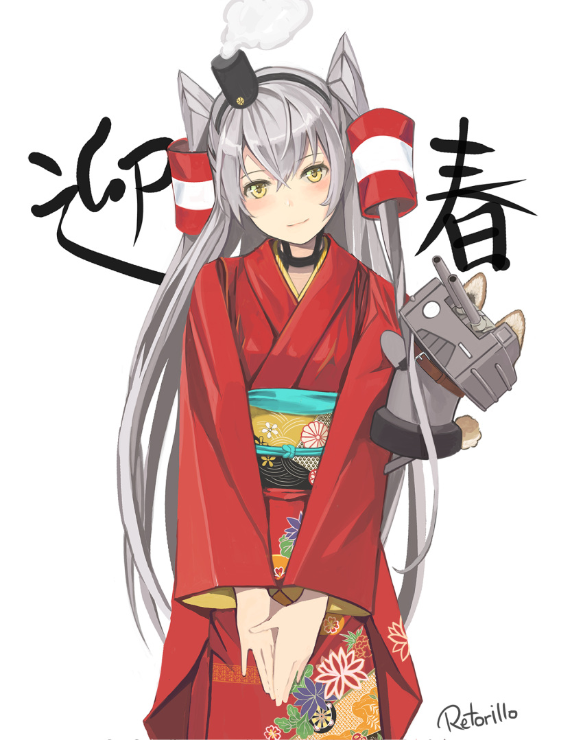 1girl amatsukaze_(kantai_collection) animal_ears animalization artist_name bangs black_choker black_hairband blush brown_eyes choker crossed_bangs eyebrows_visible_through_hair floral_print hair_tubes hairband hands_together head_tilt highres japanese_clothes kantai_collection kimono long_hair looking_at_viewer new_year obi red_kimono rensouhou-kun retorillo sash sidelocks silver_hair simple_background smile smokestack smokestack_hair_ornament solo standing tail tsundere two_side_up very_long_hair white_background windsock