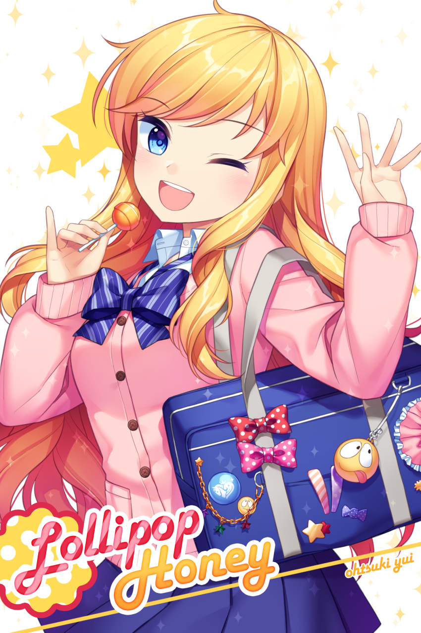 1girl ;d badge bag bangs blonde_hair blue_bow blue_eyes blue_neckwear blue_skirt blush bow bowtie button_badge buttons candy chains character_name cowboy_shot eyebrows_visible_through_hair food frills head_tilt highres holding holding_food idolmaster idolmaster_cinderella_girls jacket jenevan lollipop long_hair long_sleeves looking_at_viewer one_eye_closed ootsuki_yui open_mouth pink_bow pink_jacket pinky_out pleated_skirt polka_dot polka_dot_bow red_bow round_teeth school_bag school_uniform shiny shiny_hair skirt sleeves_past_wrists smile solo sparkle_background standing star striped striped_bow striped_neckwear swept_bangs teeth very_long_hair waving white_background wing_collar