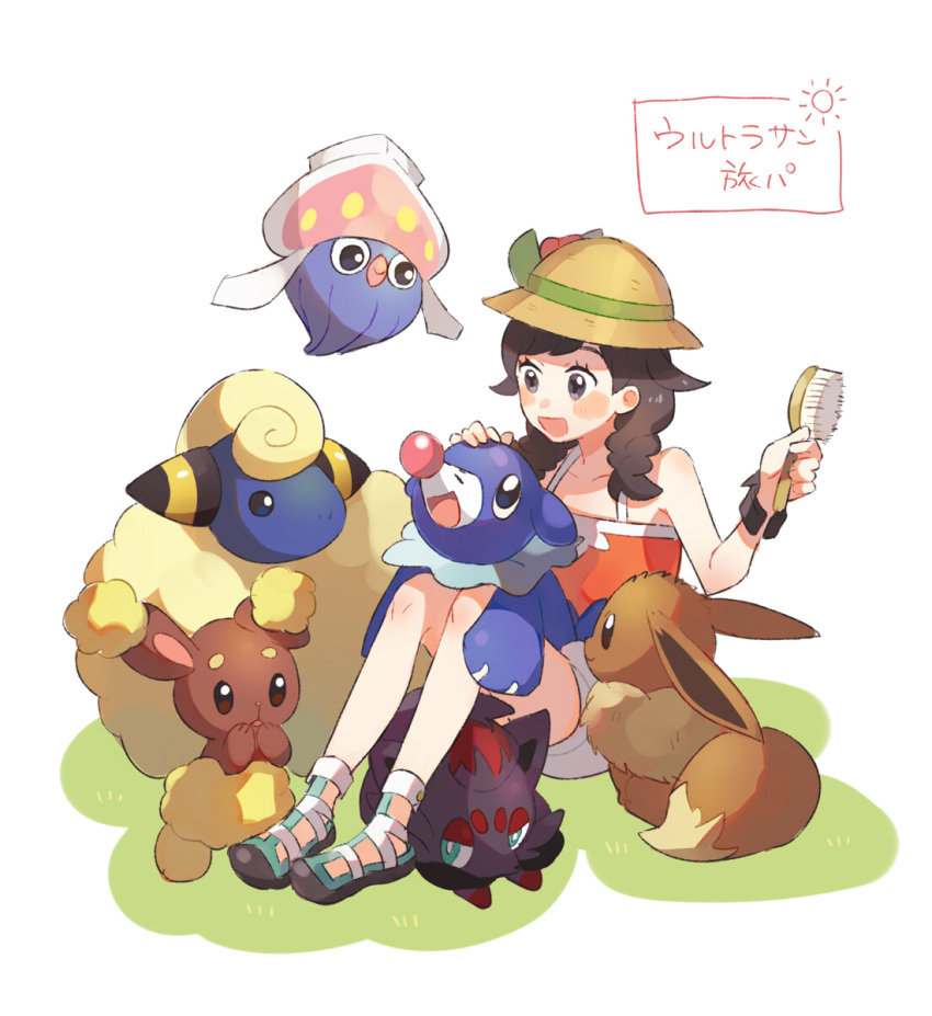 1girl :d bare_arms bare_shoulders black_eyes black_hair blue_eyes blush braid brown_eyes brown_hat buneary comb eevee floating full_body green_ribbon hat hat_ribbon highres holding inkay knees_up long_hair mareep mizuki_(pokemon_ultra_sm) no_socks on_grass open_mouth orange_shirt petting pokemon pokemon_(creature) pokemon_(game) pokemon_ultra_sm popplio ribbon shirt shoes shorts simple_background sitting sleeveless sleeveless_shirt smile sun_hat translation_request twin_braids unapoppo white_background white_shorts wristband zorua