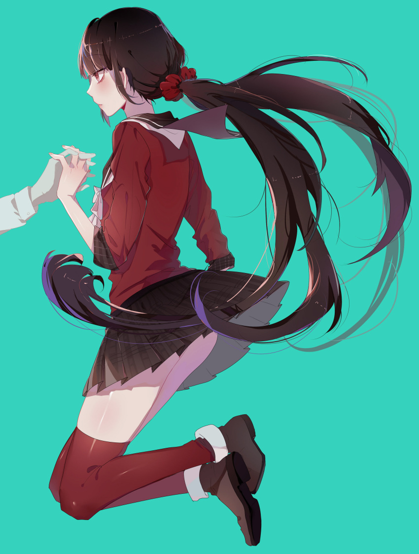 1girl absurdres bangs black_hair blunt_bangs boots dangan_ronpa harukawa_maki highres long_hair new_dangan_ronpa_v3 plaid plaid_skirt pleated_skirt red_eyes red_legwear school_uniform scrunchie serafuku skirt solo thigh-highs twintails very_long_hair zhibuji_loom