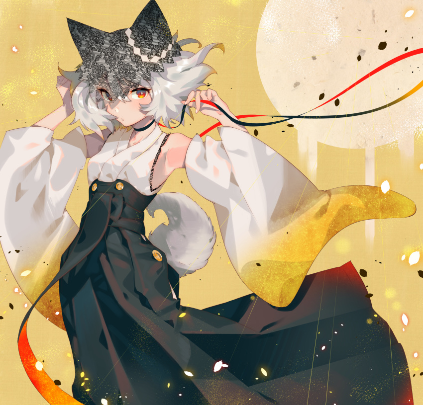 1girl adjusting_hair animal_ears armpits arms_up aruterra bare_shoulders black_choker black_hakama black_hat blush bright_pupils detached_sleeves dog_ears dog_tail feet floral_print glowing hair_between_eyes hakama hand_in_hair hat highres holding holding_ribbon japanese_clothes kimono long_sleeves looking_at_viewer original parted_lips petals print_hat red_eyes ribbon short_hair silver_hair solo standing sun tail white_kimono wide_sleeves yellow_background