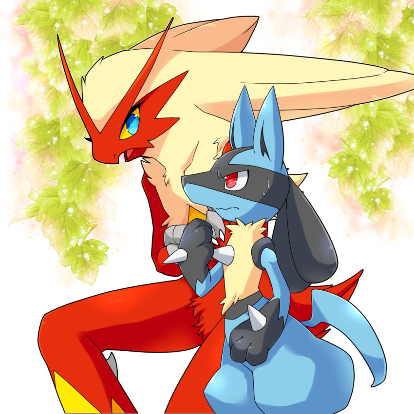 1boy 1girl animal_ears beak bird_girl bird_tail black_fur blaziken blonde_hair blue_eyes blue_fur body_fur claws closed_mouth colored_sclera commentary_request crossed_arms eye_contact eyelashes from_side frown furrowed_brow furry gen_3_pokemon gen_4_pokemon hand_up leaf long_hair looking_at_another looking_down looking_up lucario nervous open_mouth paws plant pokemon pokemon_(creature) profile red_eyes red_fur sideways_mouth snout spikes standing sweat tail wavy_mouth white_background wolf_boy wolf_ears wolf_tail yellow_fur yellow_sclera zakro