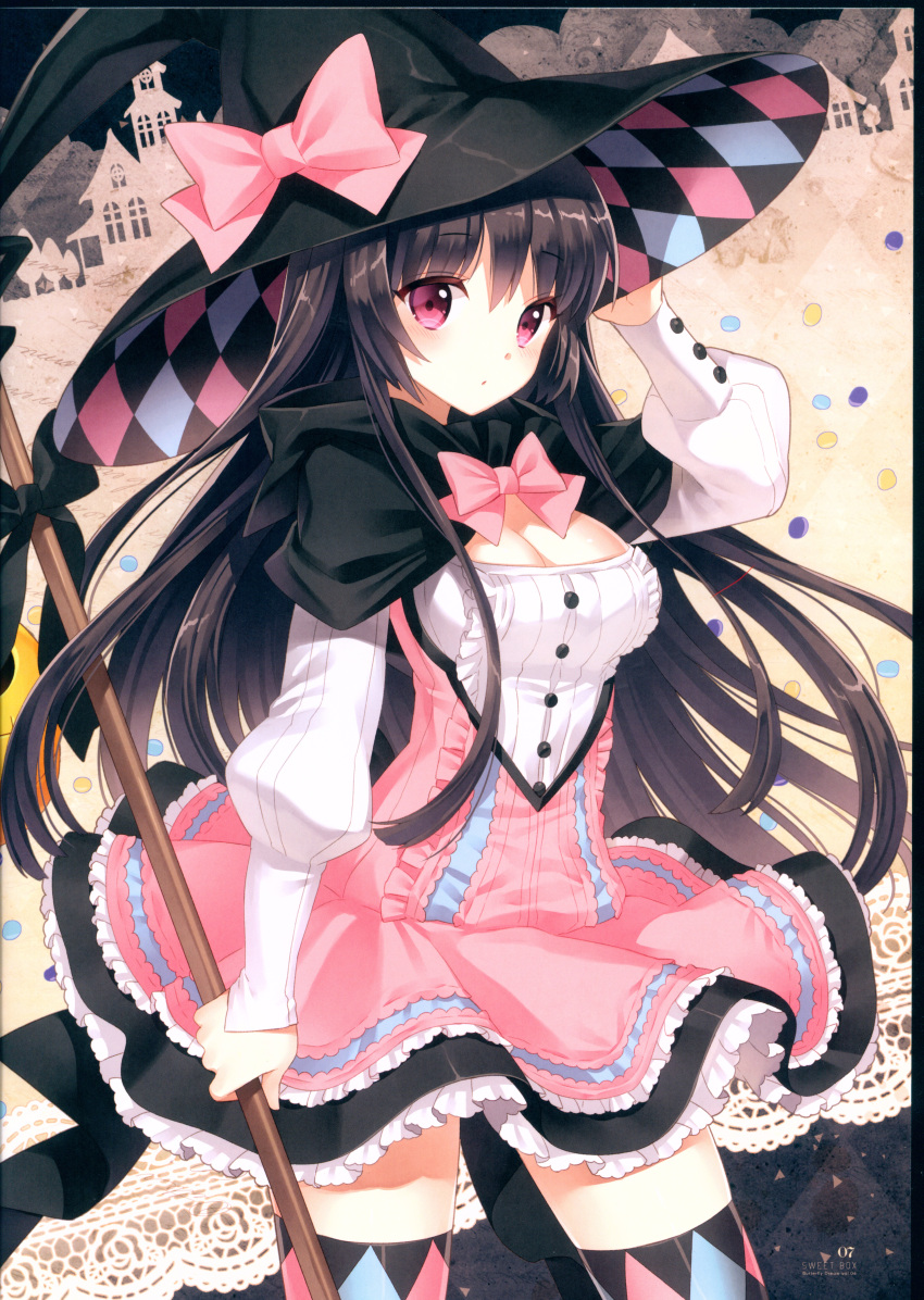 1girl :o absurdres argyle argyle_legwear arm_up artist_name bangs black_capelet black_hair blush bow bowtie breasts cape capelet cleavage dress eyebrows_visible_through_hair frilled_dress frilled_skirt frills hair_between_eyes hand_on_headwear hat highres holding huge_filesize long_hair long_sleeves looking_at_viewer medium_breasts nardack original page_number parted_lips pink_bow pink_dress puffy_long_sleeves puffy_sleeves ribbon scan short_dress sidelocks skirt solo thigh-highs very_long_hair violet_eyes witch_hat zettai_ryouiki